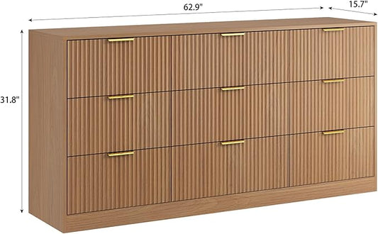 9 Drawer Dresser for Bedroom with Deep Drawers, 63" Wide Wood Dresser, Large Floor Chest of Drawers, Modern Long TV Stand, Mid Century Storage Cabinet Side Table, Natural