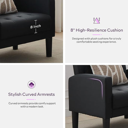 TYBOATLE Accent Chair Comfy Living Room Chair Black Leather Tufted Mid Century Modern Accent Chairs Small Cozy Reading Arm Chair for Office, Bedroom (1, Black)