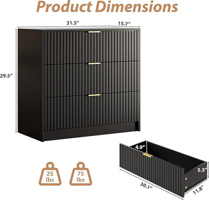 3-Piece Dresser Bedroom Set, 6 Drawer Dresser & 3 Drawer Nightstands with Gold Handles, Fluted Wood Chest of Drawers for Bedroom, Living Room, Entryway, Black