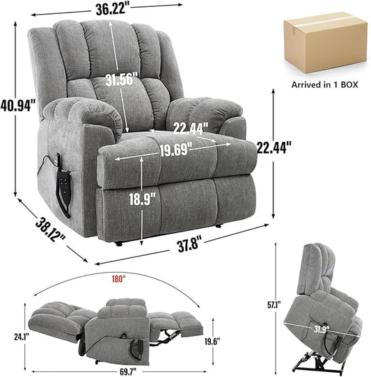 Power Lift Recliner Chair for Elderly, Oversized Chenille Electric Recliners Chairs for Living Room, Dual Motor 180° Lay Flat Recliner Big Sofa with Massage and Heating, Heavy-Duty, Light Grey