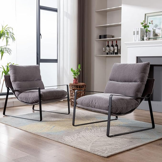 LukeAlon Modern Linen Accent Armchairs Set of 2, Upholstered Living Room Chairs with Metal Base Thickened Cushion Single Sofa Chairs Comfy Lounge Chairs for Bedroom Living Room, Grey