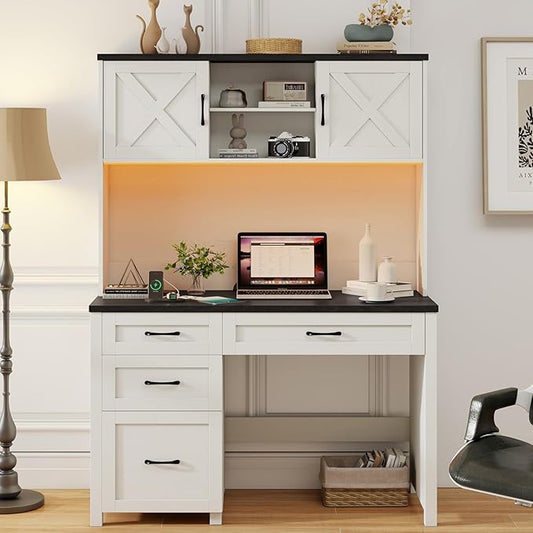 Farmhouse 67" H Executive Desk with Hutch,Office Table with 4 Drawers and LED light, Computer Desk with Storage Cabinet & File Drawers and Charging Station, Wood Workstation for Home Office,Study