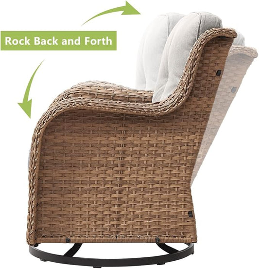 HUMMUH 5 Piece Outdoor Patio Furniture Set Wicker Conversation Bistro Set Swivel Rocking Chairs with Side Table and Ottomans for Backyard, Porch, Balcony
