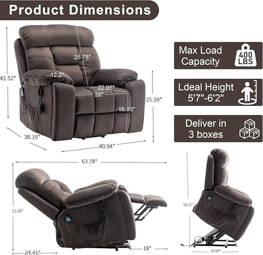 Oversized Lift Recliner Chairs for Elderly, 26in Extra Wide Power Chair with Massaga and Heating, Large Electric Lay Flat Recliners Sofa for Big and Tall Adult Lounging, Velvet Dark Brown