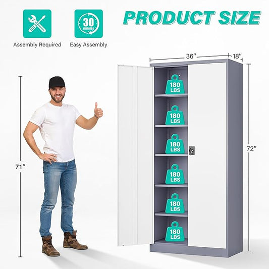Wide & Deep Metal Storage Cabinet with 6 Shelves,72 inch Tall Garage Storage Cabinet with Lock,Gray White Metal Cabinets with Locking Doors,Large Steel Lockable Cabinets for Home,Office,Shop,Garage
