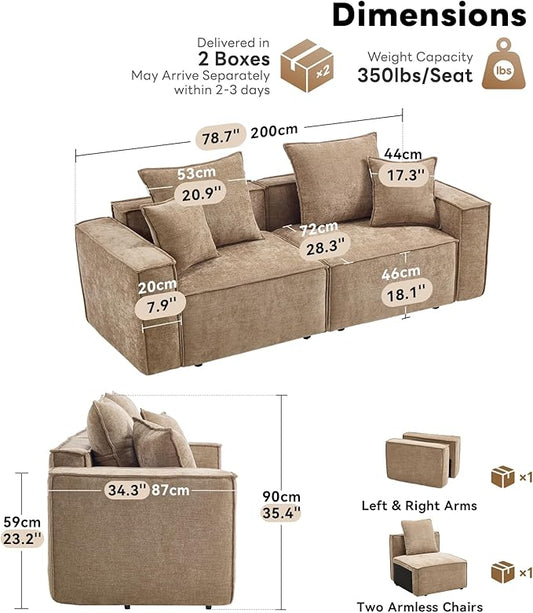 WILLOVE 78'' Modular Sectional Sofa, Chenille Cloud Couch with Wide Armrests & 4 Pillows, Deep Seat Couches for Living Room, Beige