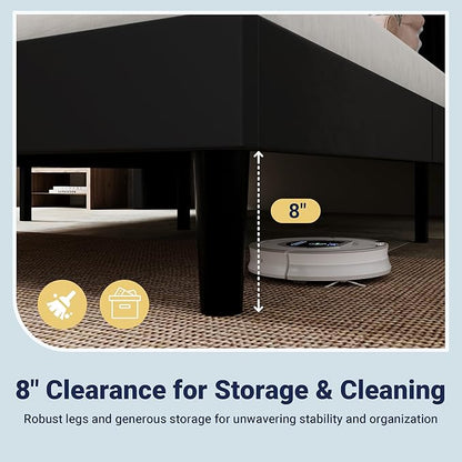 Allewie King Size Platform Bed Frame with USB Charging Station and Storage Shelf/Upholstered Velvet Wingback Headboard/Wooden Slats Support/No Box Spring Needed/Easy Assembly, Black