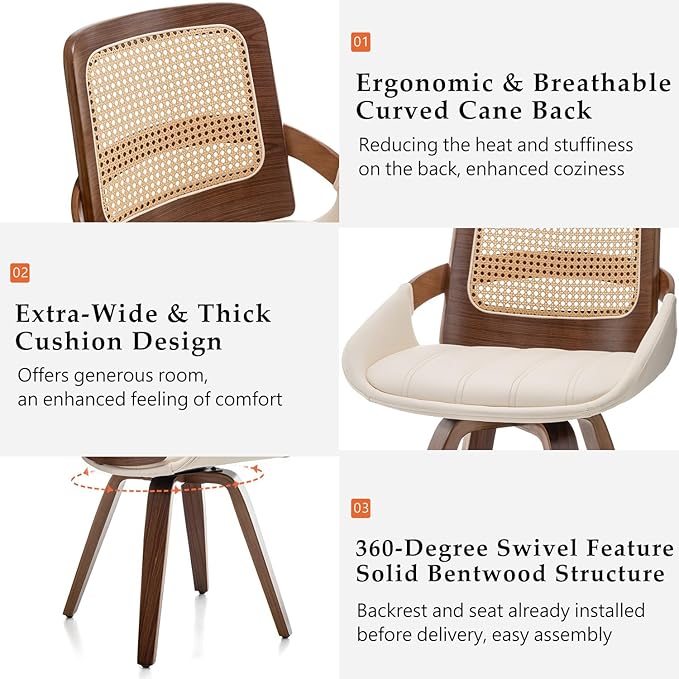 Set of 4 Swivel Rattan Dining Chairs - Walnut Dining Chairs with Bentwood Frame with Ergonomic Cane Back, Curved Arms, MCM DiningChairs for Kitchen/Conference/Restaurant/Living Room (Walnut Beige)