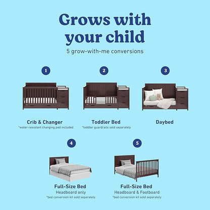 Graco Hadley 5-in-1 Convertible Crib & Changer (Espresso) – GREENGUARD Gold Certified, Fits Standard Crib Mattress, Converts to Toddler Bed and Full Bed, 4 Adjustable Mattress Heights