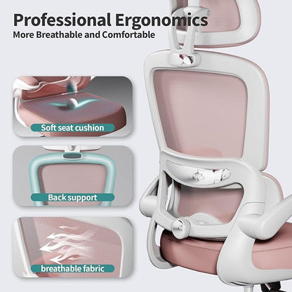 TRALT Office Chair Ergonomic Desk Chair, 330 LBS Home Mesh Office Desk Chairs with Wheels, Comfortable Gaming Chair, High Back Office Chair for Long Hours (Pink)