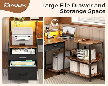 AODK L Shaped Desk with 5 File Drawers, 66" Reversible L Shaped Computer Desk with Power Outlet & LED Strip, Office Desk with Storage Shelves, Gaming Table with Monitor Shelf, Corner Table, Vintage