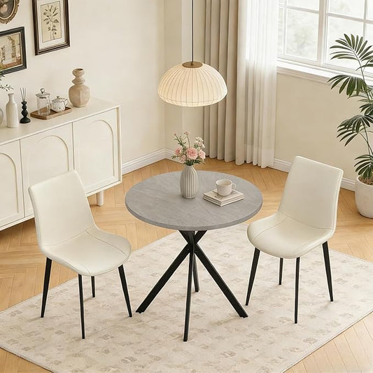 31.5" Round Dining Table and Chairs Set for 2, Small Dining Table Chairs Set Space-Saving, Small Dinette Sets for 2 for Kitchen Dining Room Apartment(Gray Table + Beige Chairs)