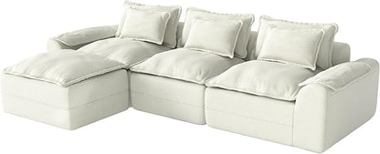 Hobestluk 120" Cloud Modular Sectional Couch 3-Seater Sofa with Ottoman L Shaped Sofa with Removable Cover Large Sofa Couch for Living Room (Beige, 3-Seater Sofa with One Ottoman)