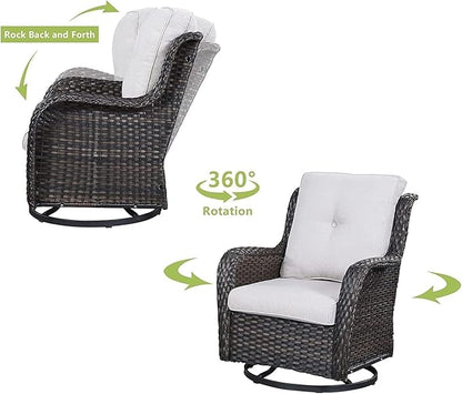 HUMMUH 3-Piece Swivel Rocking Rattan Chair Outdoor, Patio Bistro Furniture Conversation Set, Cushioned Wicker Chair with Glass Coffee Table (Brown, Beige)