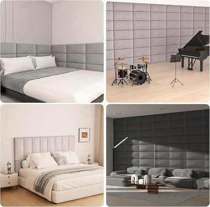 Upholstered Wall Mounted Headboard, 3D Soundproof Wall Panels Peel and Stick Headboard for Queen Size, Tufted, Black (9 Panels, 10" x 24")