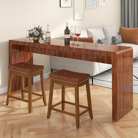 COSTWAY Saddle Bar Stools Set of 4, 25-Inch Counter Height Barstools w/PU Leather Seat, Solid Rubber Wood Frame, Footrest, Mid-Century Backless Counter Stools for Kitchen Island Home Bar