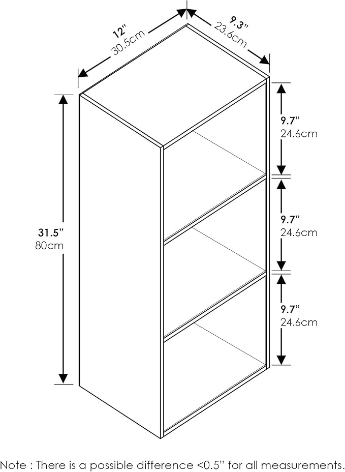 Furinno LUDER Book Shelf, 3-Cube Bookshelf, Bookcase with Open Shelves, 9.3 x 12 x 31.5, for Living Room, Bedroom, Home Office, White