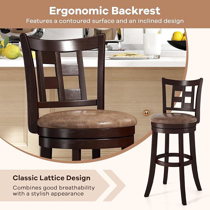 COSTWAY Set of 2 Bar Stools, 30” Swivel Bar Chairs with Footrest, Rubber Wood Frame & Lattice Backrest, Leathaire Bar Height Stools for Kitchen Island (2, 30”)