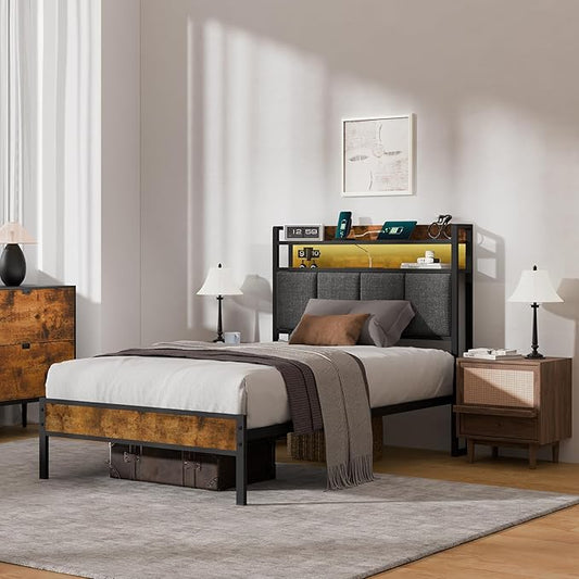 Z-hom Twin Bed Frames, Twin Bed Frame with 2-Tier Storage Upholstered Headboard, Metal Platform with USB Charging Station & LED Lights, Noise Free, No Box Spring Needed, Easy Assembly, Vintage Brown