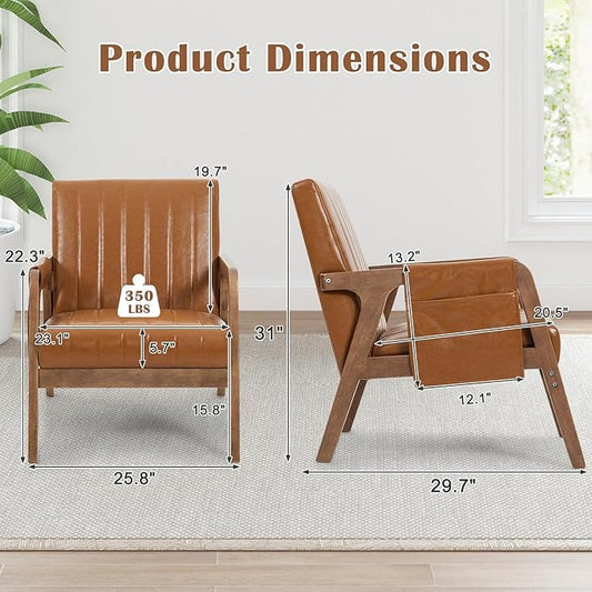 EROMMY Mid Century Modern Leather Accent Chair with Wood Frame, Faux Leather Accent Armchair with Storage Bag,Pu Living Room Accent Chair for Reading, Bedroom,Deep Brown