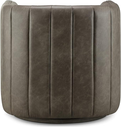 CHERS Rivet Mid-Century Modern Swivel Armchair, Channel-Tufted Faux Leather Accent Chair, 360-Degree Rotating Lounge Chair with Ergonomic Design for Living Room, Bedroom, Home Theater, Pewter