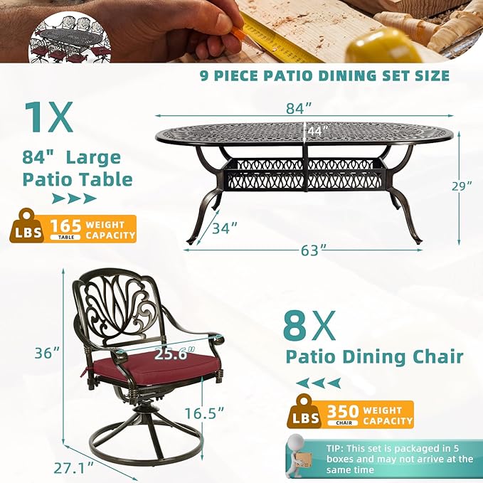 MEETWARM 9-Piece Outdoor Patio Dining Set, All-Weather Cast Aluminum Patio Conversation Set for Backyard Garden Deck with 8 Cushioned Swivel Rocker Chairs, 1 Oval Table, 2" Umbrella Hole, Chili Red
