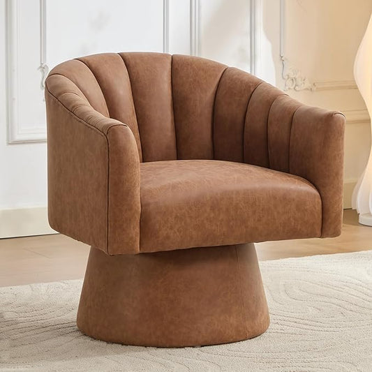 Swivel Accent Chair, Faux Leather 360° Swivel Barrel Chair Upholstered Modern Living Room Chair, Overstuffed Reading Armchair for Bedroom,Vanity,Office-Brown