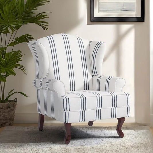 Pia Ricco Stripe High Back Floral Accent Chair, Upholstered Fabric Armchair with Solid Wood Legs - Retro Living Room Reading Chair, Comfortable Single Sofa Seat-Navy
