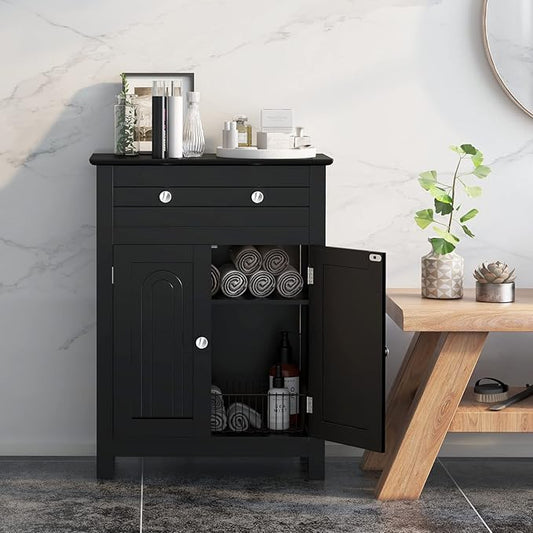 COSTWAY Bathroom Floor Cabinet, Wooden Side Storage Organizer w/Larger Drawer, Adjustable Shelf & 2-Door Cupboard, Freestanding Storage Cabinet for Living Room, Kitchen, Entryway (Black)