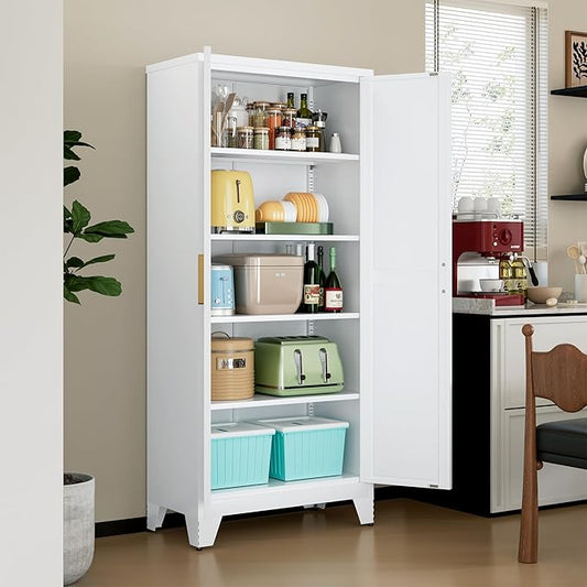 71" Tall Metal Storage Cabinet with 2 Doors and 4 Adjustable Shelves, 5-Tier Kitchen Pantry Storage Cabinet for Kitchen, Living Room, Dining Room and Office, White