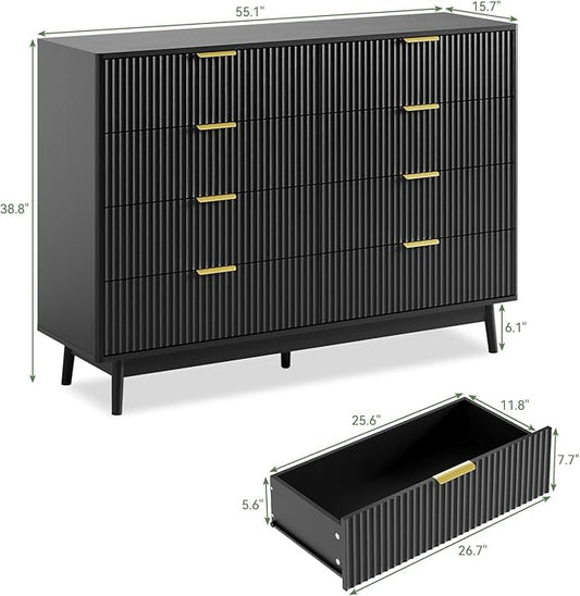LYNSOM Fluted 8 Drawer Dresser for Bedroom, 55" Wide Modern Chest of Drawers with Curved Profile Design and Metal Handles, Wood Dresser TV Stand & Storage Organizer for Bedroom, Hallway, Black