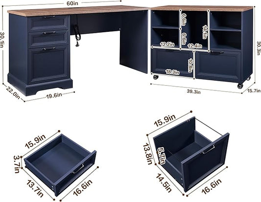 60" L-Shaped Executive Desk with 40" File Cabinet,Farmhouse Home Office Desk with Charging Station,Wood Computer Desk Set for Office Work,Home Study (Blue)