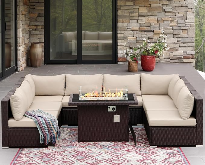 NICESOUL 9 Piece Modern Extra-Large Outdoor Patio Sectionals with Fire Pit Table Natural Gas & Propane, 29.3'' High Back Comfortable Conversations for Outside, Deep Seating Modular Sofa Couches, Tan