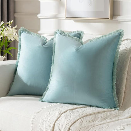 FUTEI Aqua Velvet Decorative Throw Pillow Covers 26x26 Set of 2,Soft Cozy Edge with Tassels Euro Pillow Shams,Boho Modern Home Decor for Couch Bed Living Room