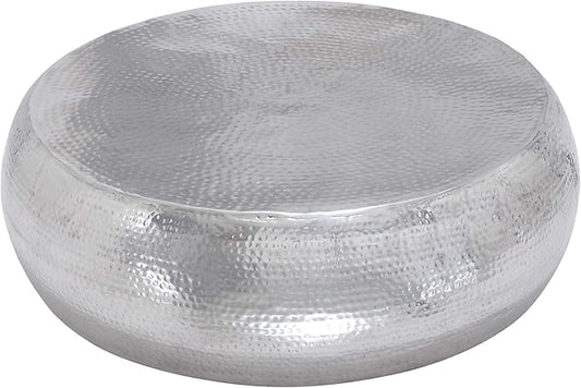 Deco 79 Aluminum Metal Living Room Coffee Table Drum Shaped Table with Hammered Design, Center Table 42" x 42" x 14", Silver