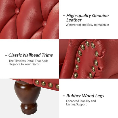 HULALA HOME Genuine Leather Recliner Chair Set of 2 w/Solid Wood Feet, Modern Adjustable Tufted Push Back Arm Chair w/Rivet Decoration, Home Theater Seating Reclining Sofa for Living Room, RED