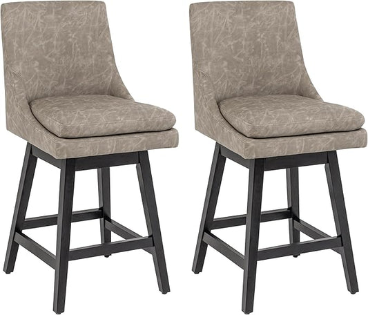Bar Stools Set of 2, PU Leather Barstools, 26 Inch Upholstered Counter Stools with 14.2" High Back and Footrest, Swivel Counter Height Barstools for Kitchen Island Home Bar Greige