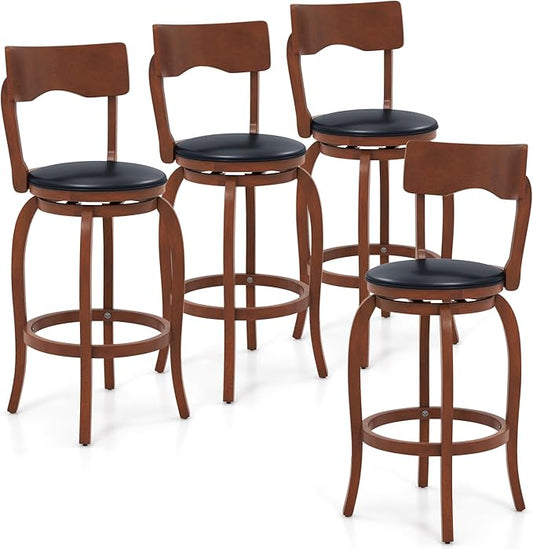 COSTWAY Bar Stools Set of 4, 29 Inch Swivel Bar Height Chairs with Rubber Wood Frame, Upholstered Seat, High Back Barstools for Kitchen Island, Home Bar, Pub, Brown (4, Seat Height: 29”)