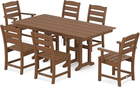 POLYWOOD Lakeside Farmhouse 7-Piece Outdoor Dining Set, Patio Furniture Table and Chairs, HDPE, Seats 6, Teak, Made in USA