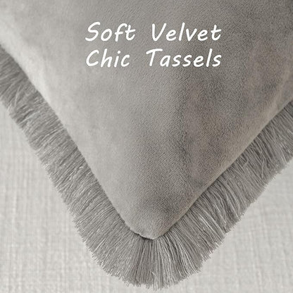 FUTEI Grey Velvet Decorative Throw Pillow Covers 24x24 Set of 2,Soft Cozy Edge with Tassels European Cushion Case,Boho Modern Home Decor for Couch Bed Living Room