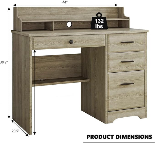 4 EVER WINNER Computer Desk with Drawers, Small Desk with Monitor Stand and File Drawer, Wood Desk with Storage, Writing Desk for Bedroom Home Offic, Grey