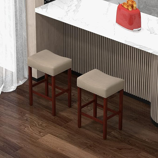 COSTWAY Counter Height Bar Stools Set of 2, 25-inch Backless Saddle Stools with Nailhead Trim, Rubber Wood Frame, Footrest, Max Load 330 Lbs, Upholstered Barstools for Kitchen Island Pub, Beige