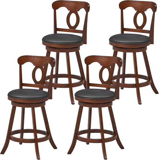 COSTWAY 2 PCS Bar Stools, 24 Inch Swivel Counter Height Chairs with Ergonomic Back & Footrest, Vintage Wooden Barstool Set for Kitchen Island, Pub, Bistro, Café, Espresso (4, 24 Inch)