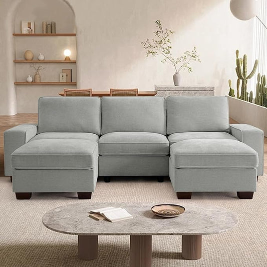 TEKAMON 100"" Modular Sectional Sofa with Seats Storage, U Shaped Couch with Movable Ottomans, Chenille Fabric Couch for Living Room, Removable Cover (LightGrey, 3 Seater & 2 Ottomans-U Shape)