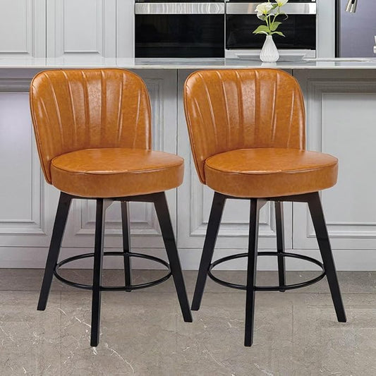 MINCETA Bar Stools Set of 2, PU Leather Barstools, 26 Inch Upholstered Counter Stools with Backrest and Footrest, Swivel Counter Height Barstools for Kitchen Island Home Bar Light Brown