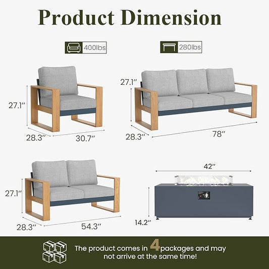 LayinSun 5 Pieces Aluminum Patio Furniture Set with Fire Pit Table, Oversized Seat with Hight Back, Outdoor Conversation Sets for Porch, Balcony, Deck