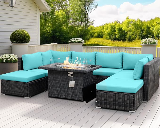 NICESOUL Big Size 9 Piece Patio Furniture Set with Fire Pit Natural Gas & Propane, 29.3'' High Back Comfy Outdoor Rattan Conversations, Wide Seats Couches for Outside, 2 Color Cushions Teal & Gray