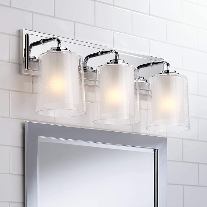 Possini Euro Design Mabelle Modern Wall Light Chrome Silver Hardwired 22 1/2" Wide 3-Light Fixture Mounted Clear Seedy Outer Frosted Glass Inner Bathroom Vanity Mirror House Home Hallway Room Decor