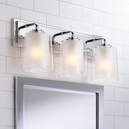 Possini Euro Design Mabelle Modern Wall Light Chrome Silver Hardwired 22 1/2" Wide 3-Light Fixture Mounted Clear Seedy Outer Frosted Glass Inner Bathroom Vanity Mirror House Home Hallway Room Decor