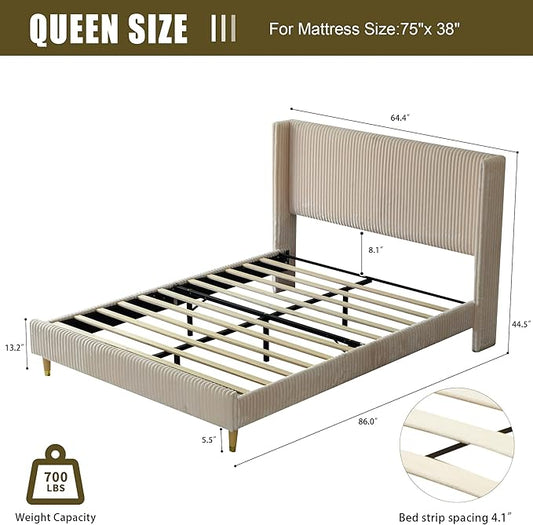 PINJU Queen Size Bed Frame, Upholstered Platform Bed with Modern Vertical Striped Wingback Headboard with Wooden Slats, Easy to Assemble No Noise Free (Beige, Queen (U.S. Standard))